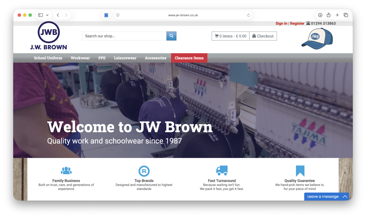 JW Brown Workwear website